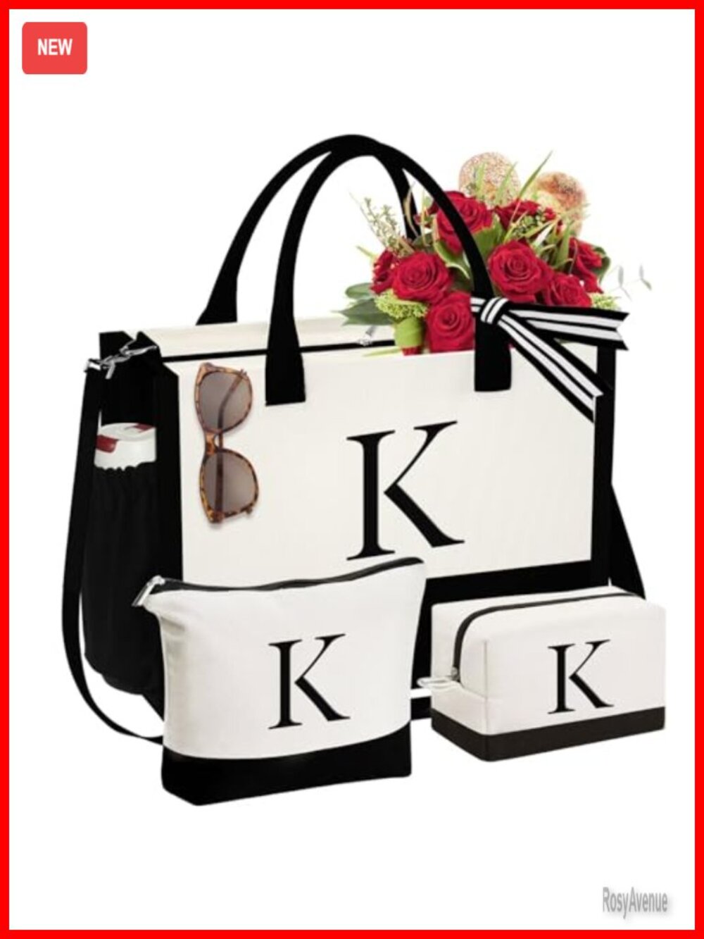YOOLIFE Initial Canvas Tote Bag & Makeup Bags 3 Pc Set